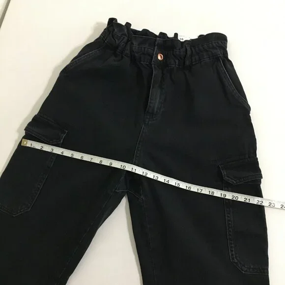 ZARA High Waist Baggy Fit Paper Bag Carrot Leg Ankle Rigid Black Womens 6 - Picture 15 of 16